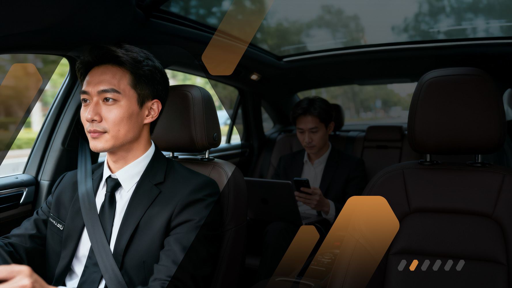 Ride Abu Dhabi professional chauffeur and passenger in a limousine